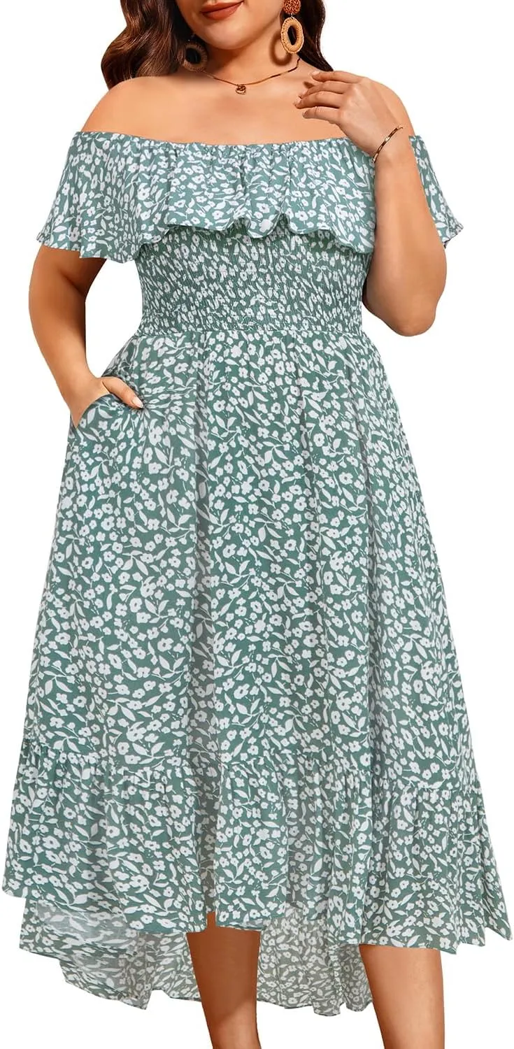 Pinup Fashion Plus Size Summer Dresses - Off Shoulder Ruffle Boho Casual High Low Smocked Dress with Pockets