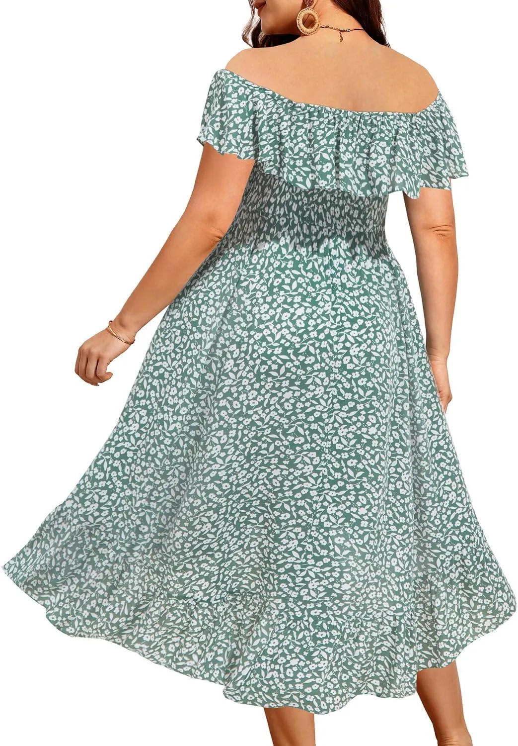 Pinup Fashion Plus Size Summer Dresses - Off Shoulder Ruffle Boho Casual High Low Smocked Dress with Pockets