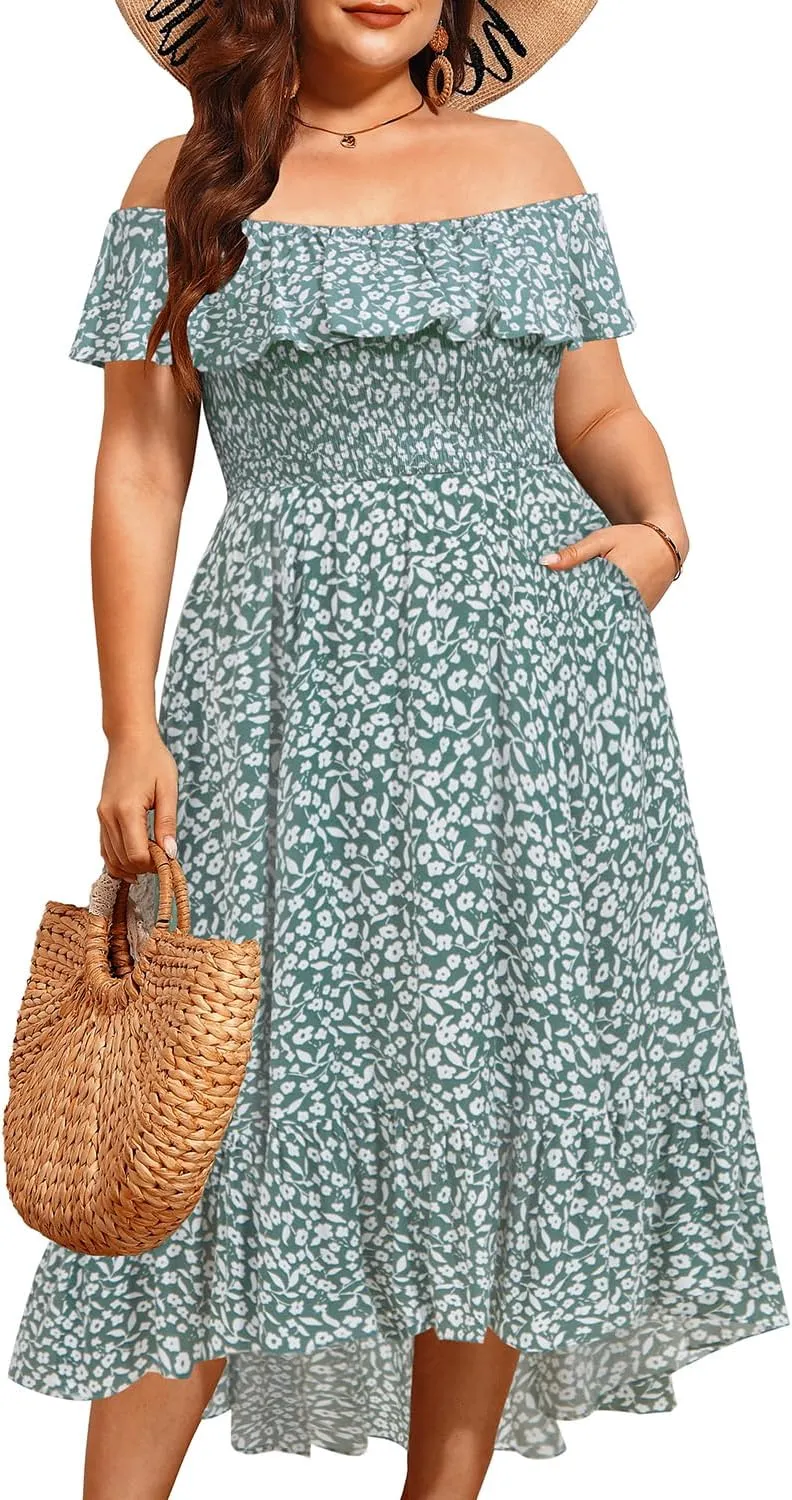 Pinup Fashion Plus Size Summer Dresses - Off Shoulder Ruffle Boho Casual High Low Smocked Dress with Pockets