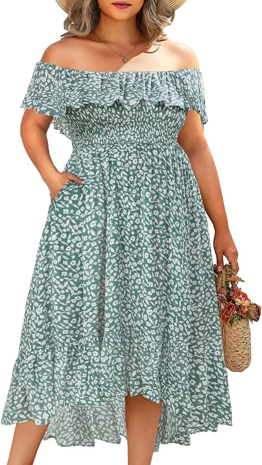 Pinup Fashion Plus Size Summer Dresses - Off Shoulder Ruffle Boho Casual High Low Smocked Dress with Pockets