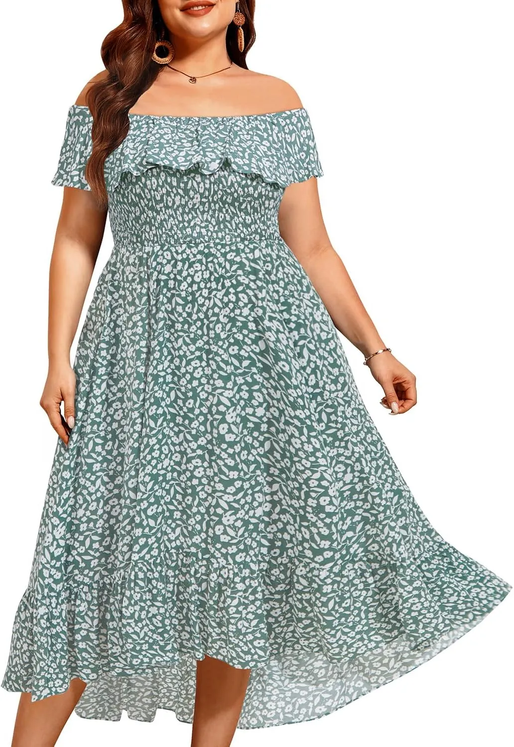 Pinup Fashion Plus Size Summer Dresses - Off Shoulder Ruffle Boho Casual High Low Smocked Dress with Pockets