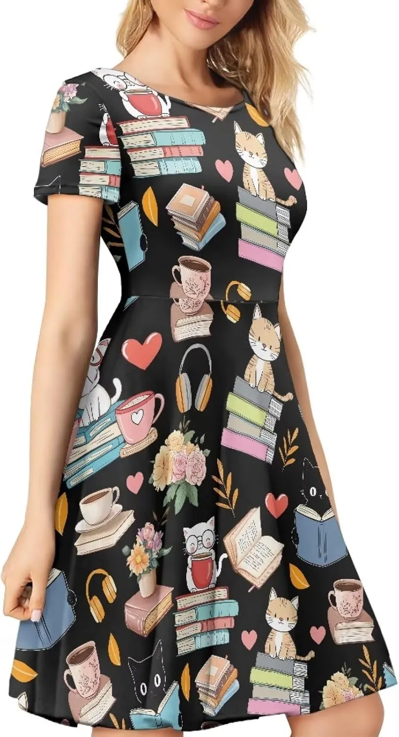 POLERO Women's Animal Dress Short Sleeve Cute Midi Dresses Casual Beach Vacation Sundress