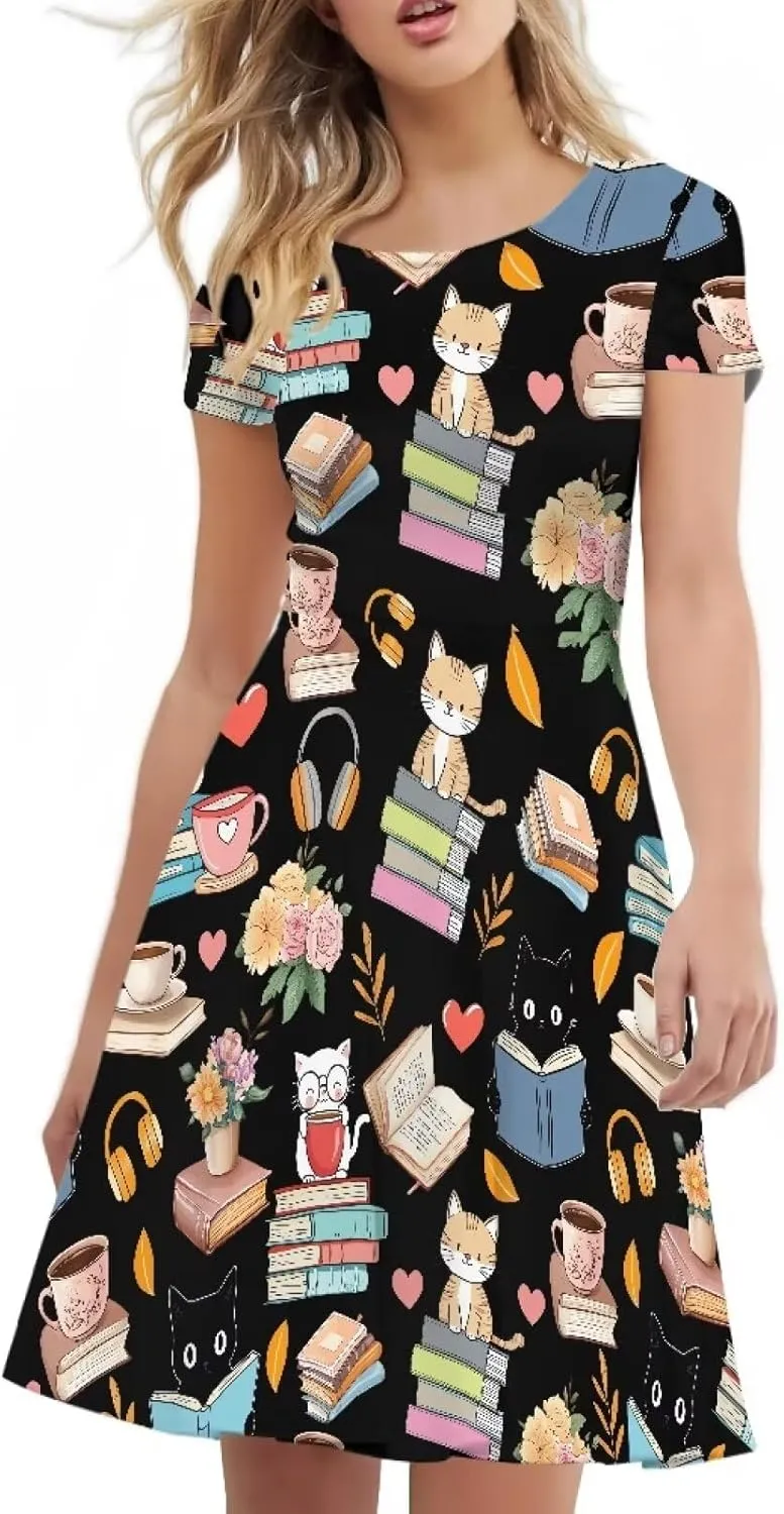 POLERO Women's Animal Dress Short Sleeve Cute Midi Dresses Casual Beach Vacation Sundress