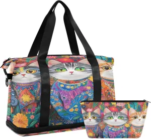 Pretty Cats Sports Gym Bag with Waterproof Dry Wet Pocket, Travel Duffel Bag for Women MenWorkout Bag Fits Yoga, Swimming
