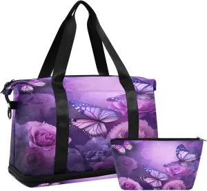 Purple Flowers and Butterflies Sports Gym Bag with Waterproof Dry Wet Pocket, Travel Duffel Bag for Women MenWorkout Bag Fits Yoga, Swimming