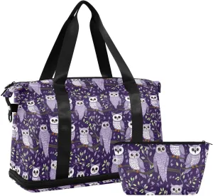 Purple Owls Sports Gym Bag with Waterproof Dry Wet Pocket, Travel Duffel Bag for Women MenWorkout Bag Fits Yoga, Swimming