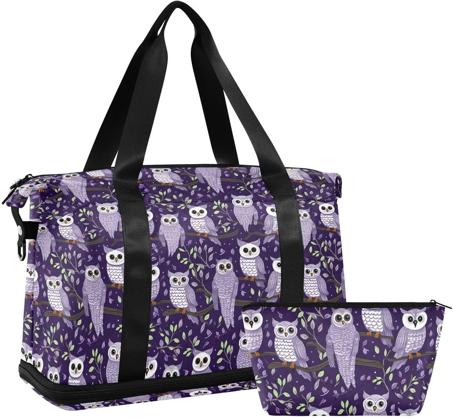 Purple Owls Sports Gym Bag with Waterproof Dry Wet Pocket, Travel Duffel Bag for Women MenWorkout Bag Fits Yoga, Swimming