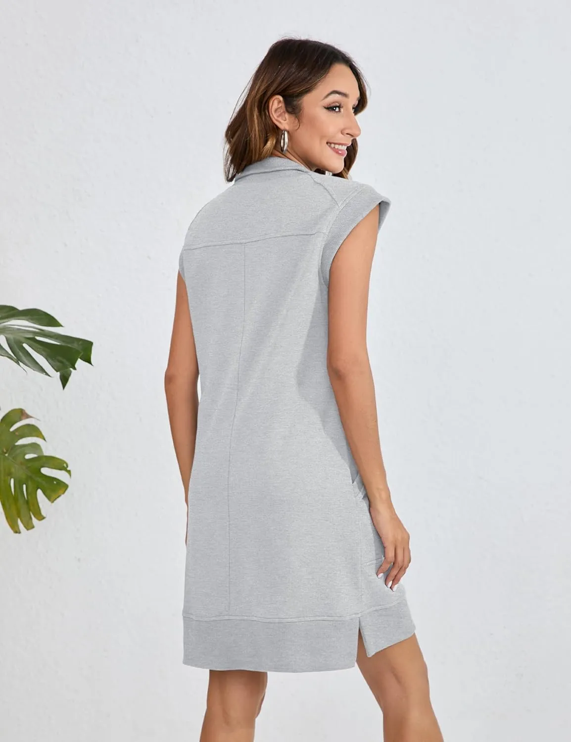 Qiaomai Womens Half Zip Sweatshirt Dresses Summer V Neck Sleeveless Pullover Tunic Tops Mini Dress