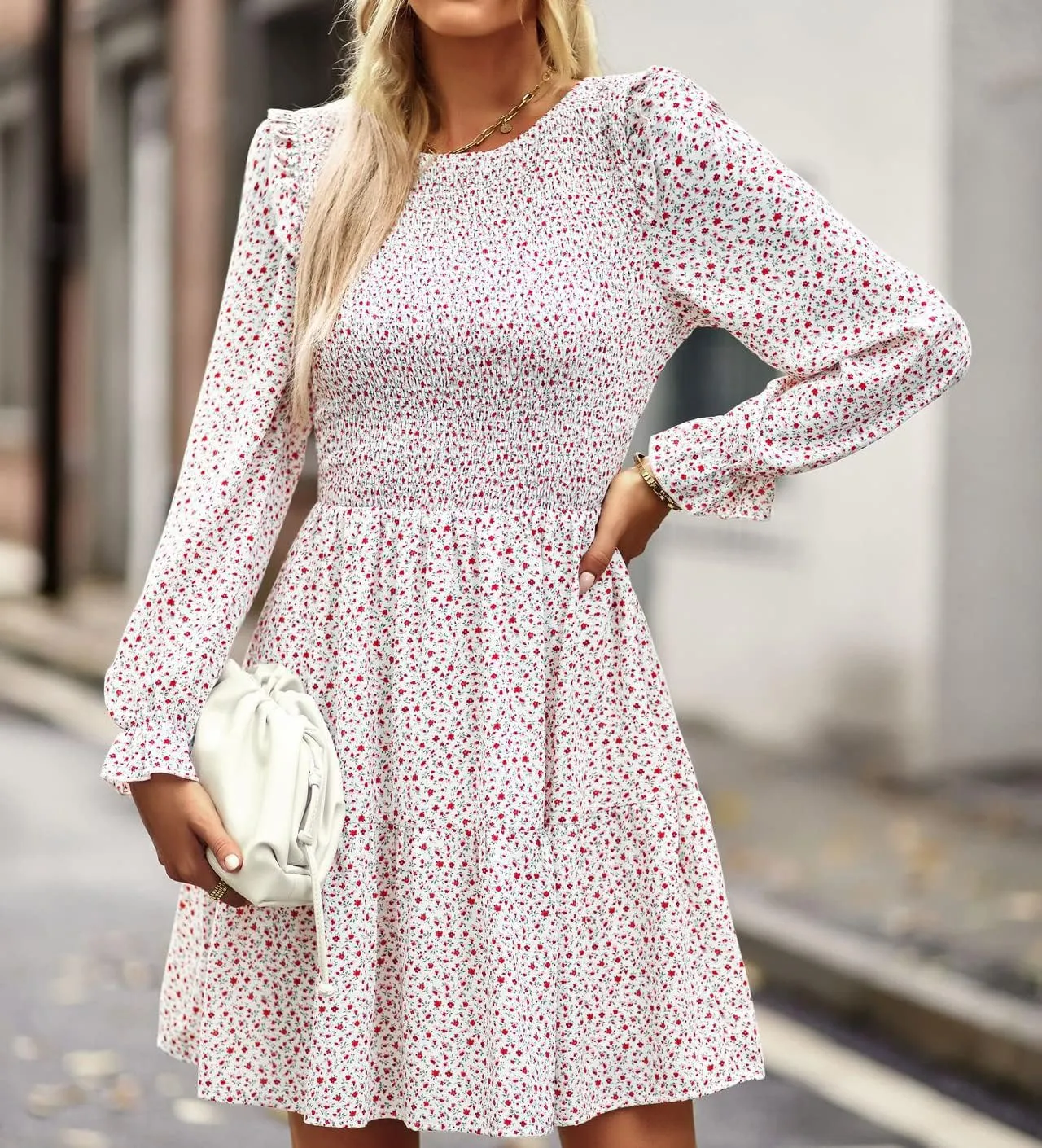 Ruffle Long Sleeve Crewneck Elastic Waist Floral A line Short Dress Womens Fall Winter Casual Mini Dresses