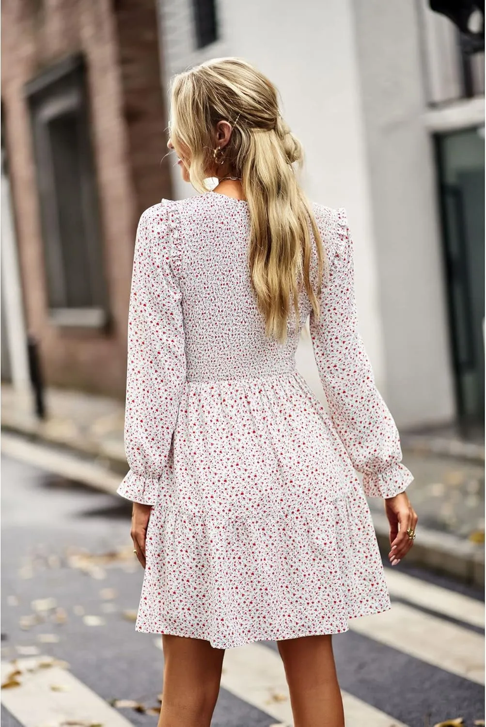 Ruffle Long Sleeve Crewneck Elastic Waist Floral A line Short Dress Womens Fall Winter Casual Mini Dresses