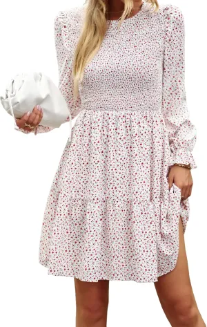 Ruffle Long Sleeve Crewneck Elastic Waist Floral A line Short Dress Womens Fall Winter Casual Mini Dresses