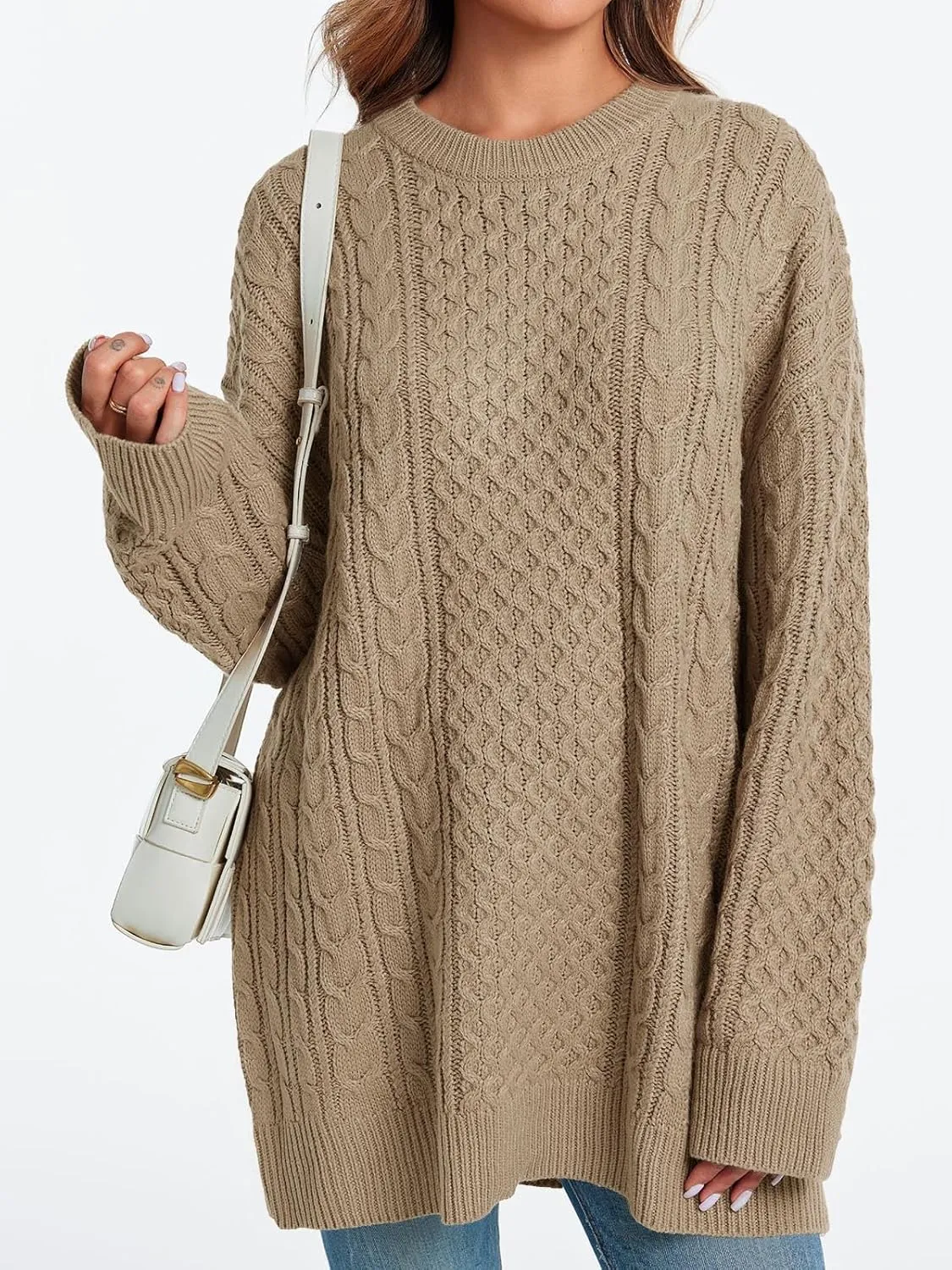 Saodimallsu Womens Oversized Sweaters Chunky Cable Knit Crewneck Long Sleeve Loose Tunic Sweater Tops