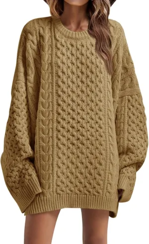 Saodimallsu Womens Oversized Sweaters Chunky Cable Knit Crewneck Long Sleeve Loose Tunic Sweater Tops