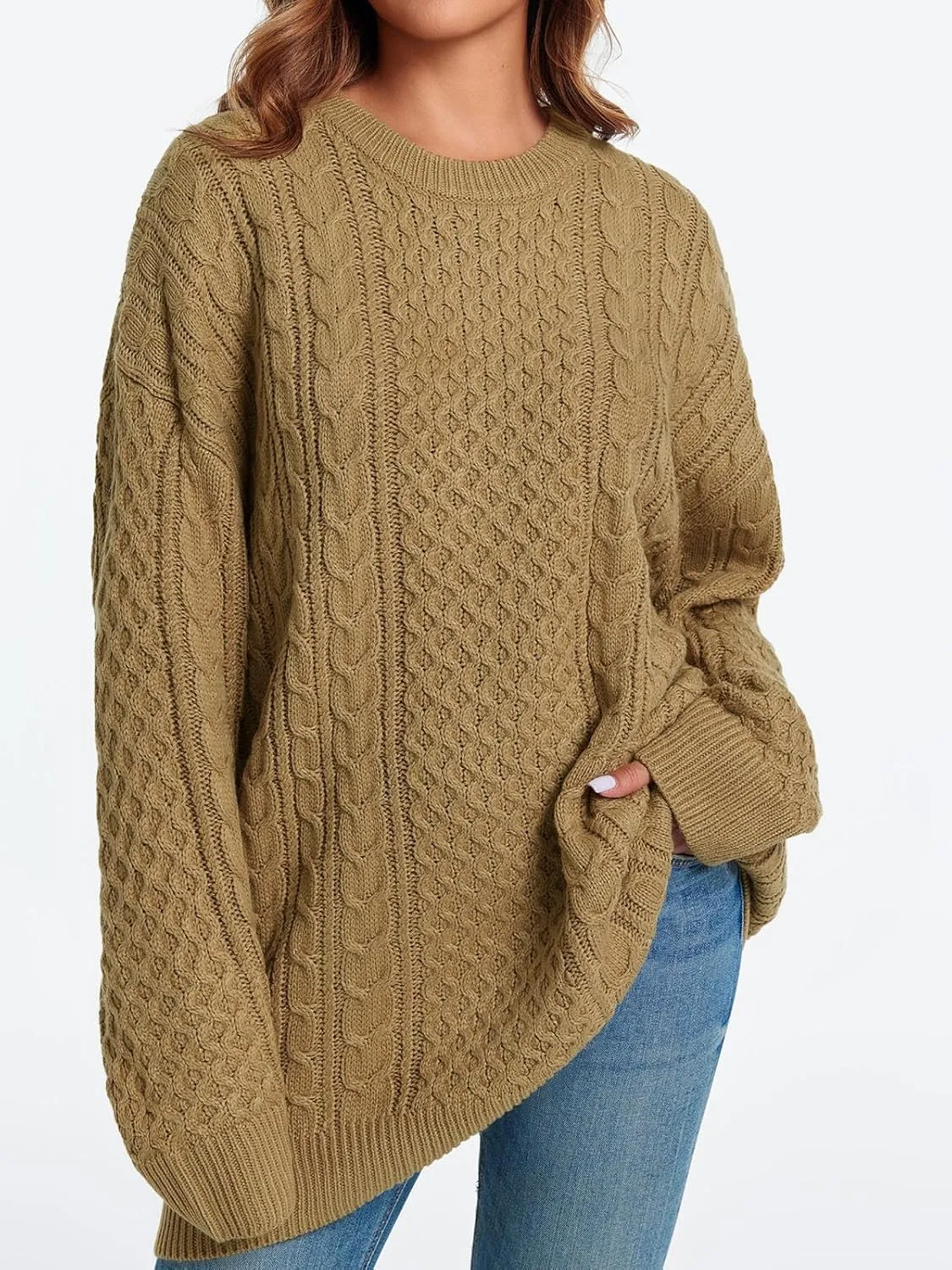 Saodimallsu Womens Oversized Sweaters Chunky Cable Knit Crewneck Long Sleeve Loose Tunic Sweater Tops