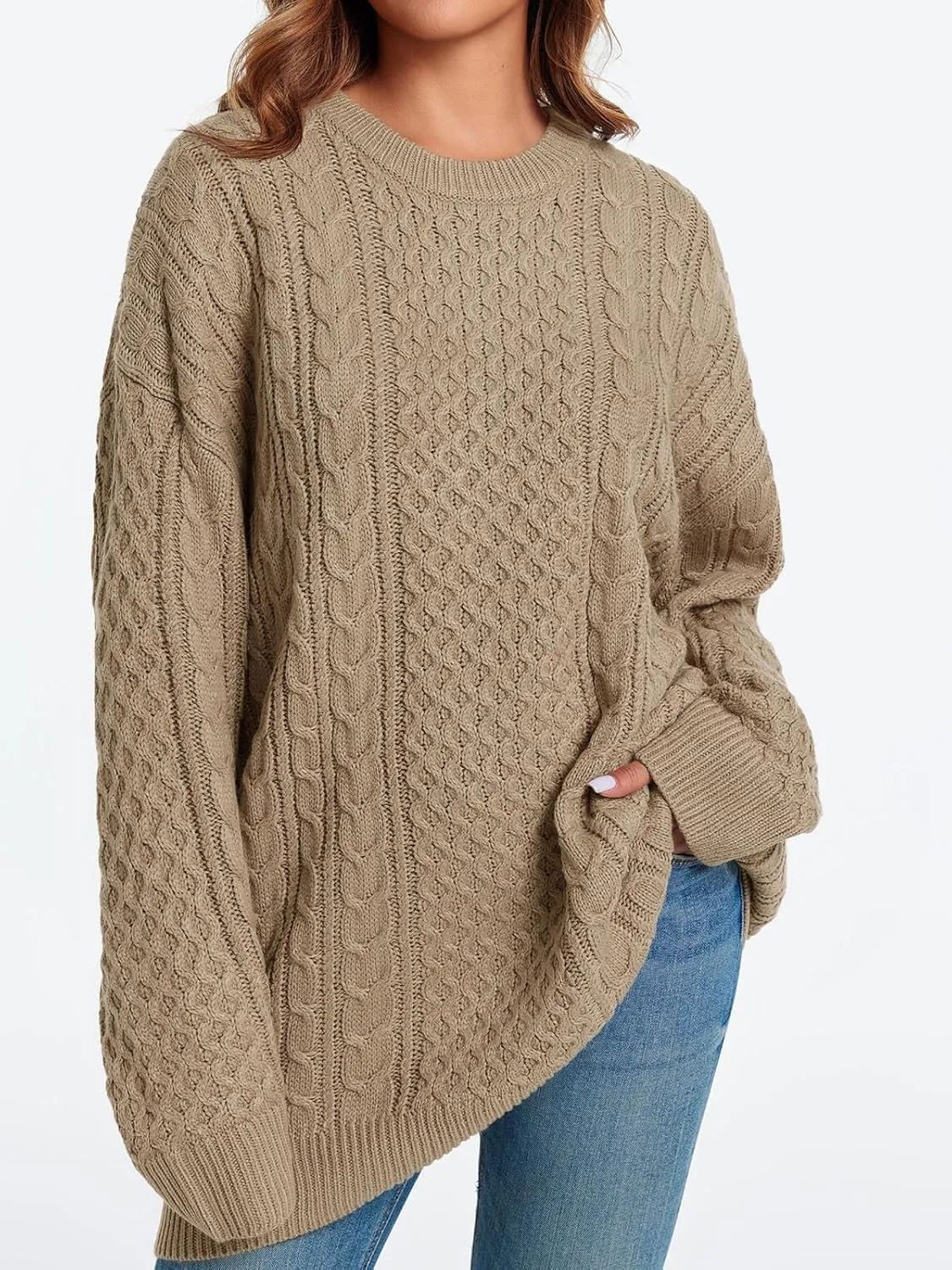 Saodimallsu Womens Oversized Sweaters Chunky Cable Knit Crewneck Long Sleeve Loose Tunic Sweater Tops