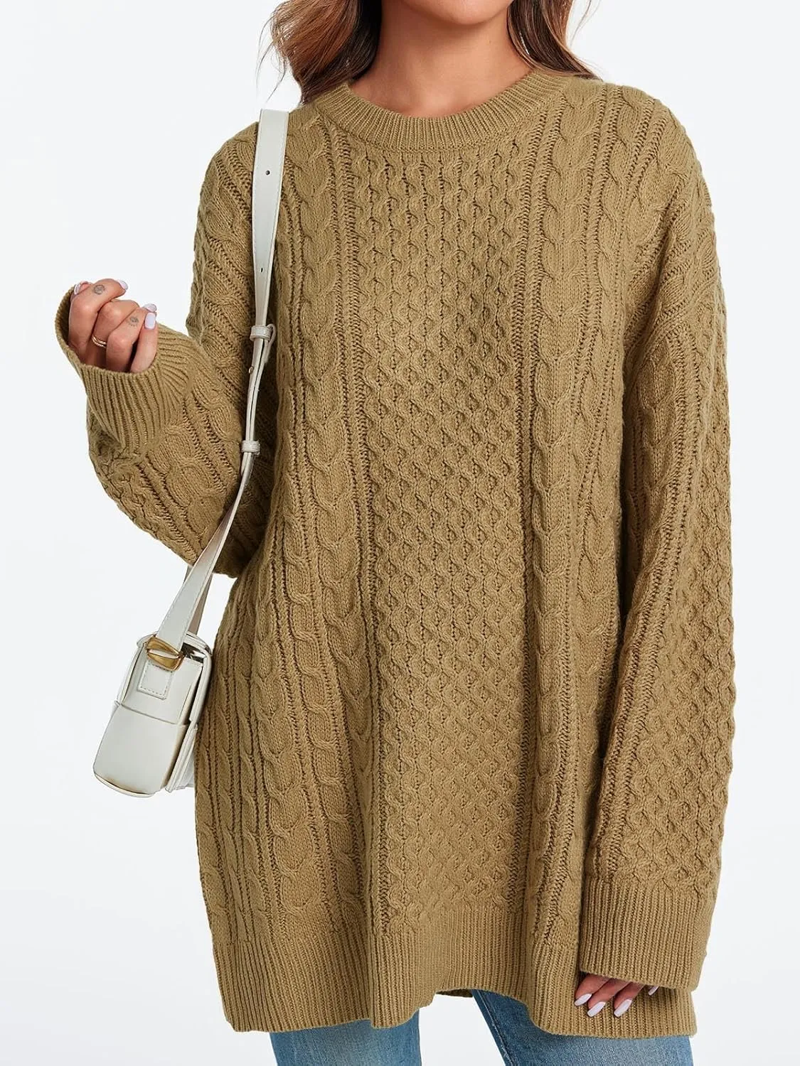 Saodimallsu Womens Oversized Sweaters Chunky Cable Knit Crewneck Long Sleeve Loose Tunic Sweater Tops