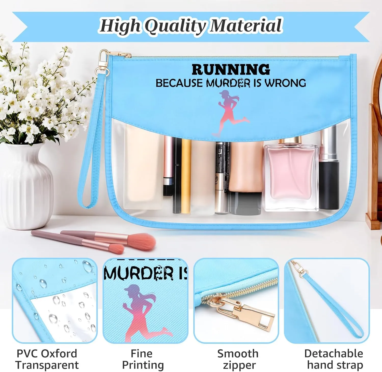 Sazuwu Running Gifts for Women Birthday Blue Makeup Bags with Zipper Marathon Runner Gifts Running Themed Cosmetic Travel Bag Organizer Run Lover Christmas for Friends