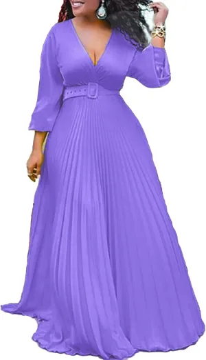 SEMATOMALA Women's Plus Size Wrap V Neck Maxi Dress Long Sleeve Pleated A Line Party Prom Wedding Swing Long Skirts