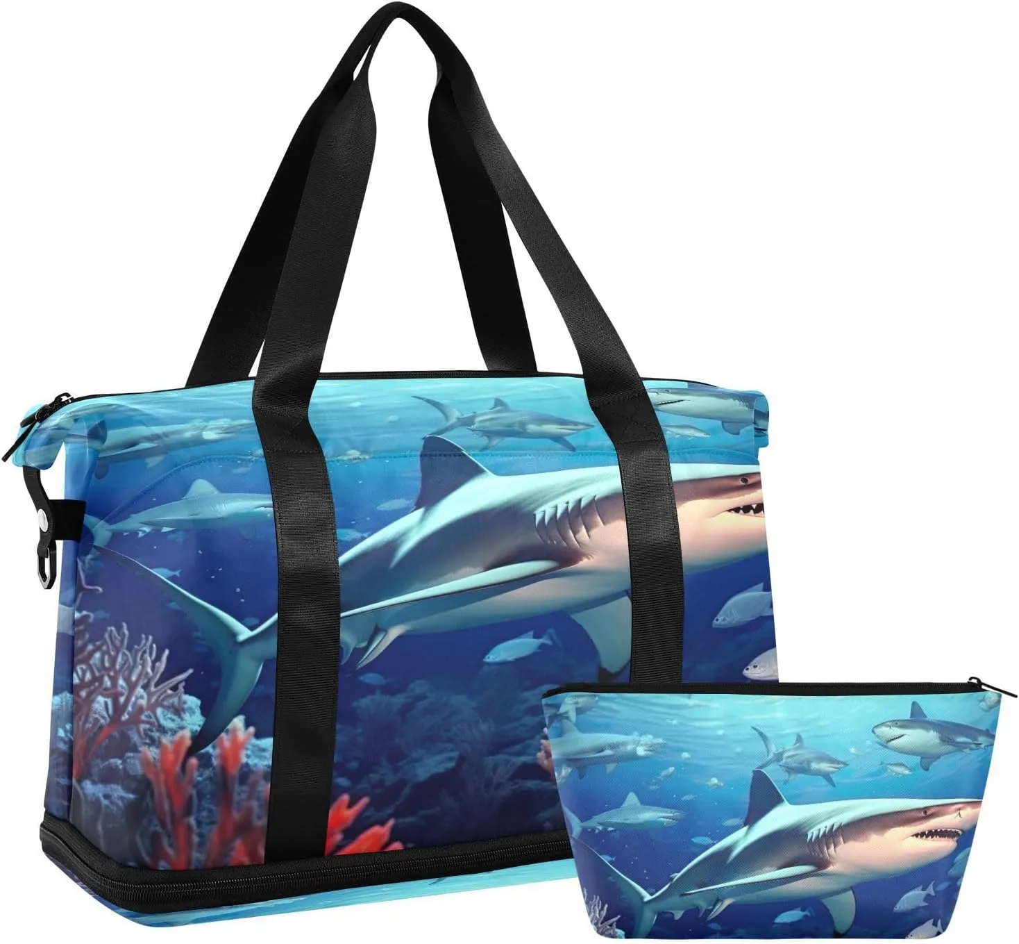 Sharks3 Sports Gym Bag with Waterproof Dry Wet Pocket, Travel Duffel Bag for Women MenWorkout Bag Fits Yoga, Swimming