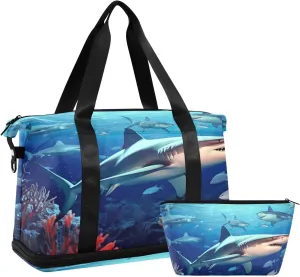Sharks3 Sports Gym Bag with Waterproof Dry Wet Pocket, Travel Duffel Bag for Women MenWorkout Bag Fits Yoga, Swimming