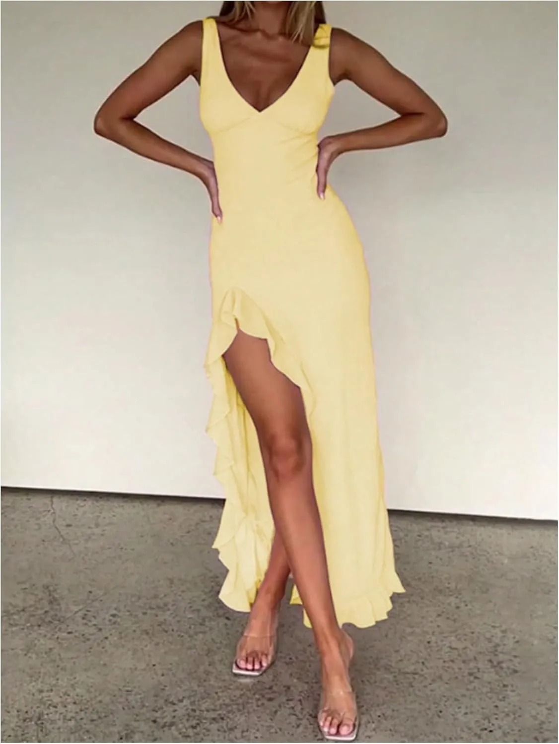 SHENHE Women's Sexy V Neck Ruffle High Slit Sleeveless Bodycon Maxi Party Prom Long Dress
