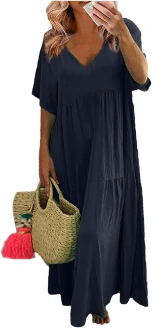 Shirt Dresses for Women Oversized Baggy Flowy Cotton Linen Maxi Dress Casual Summer Beach Vacation Outfits