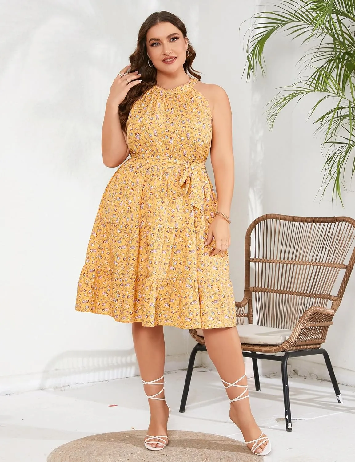 ShopWonder Women's Plus Size 2024 Summer Sleeveless Halter Mini Dress Ruffle Tiered Flowy Swing Beach Dresses