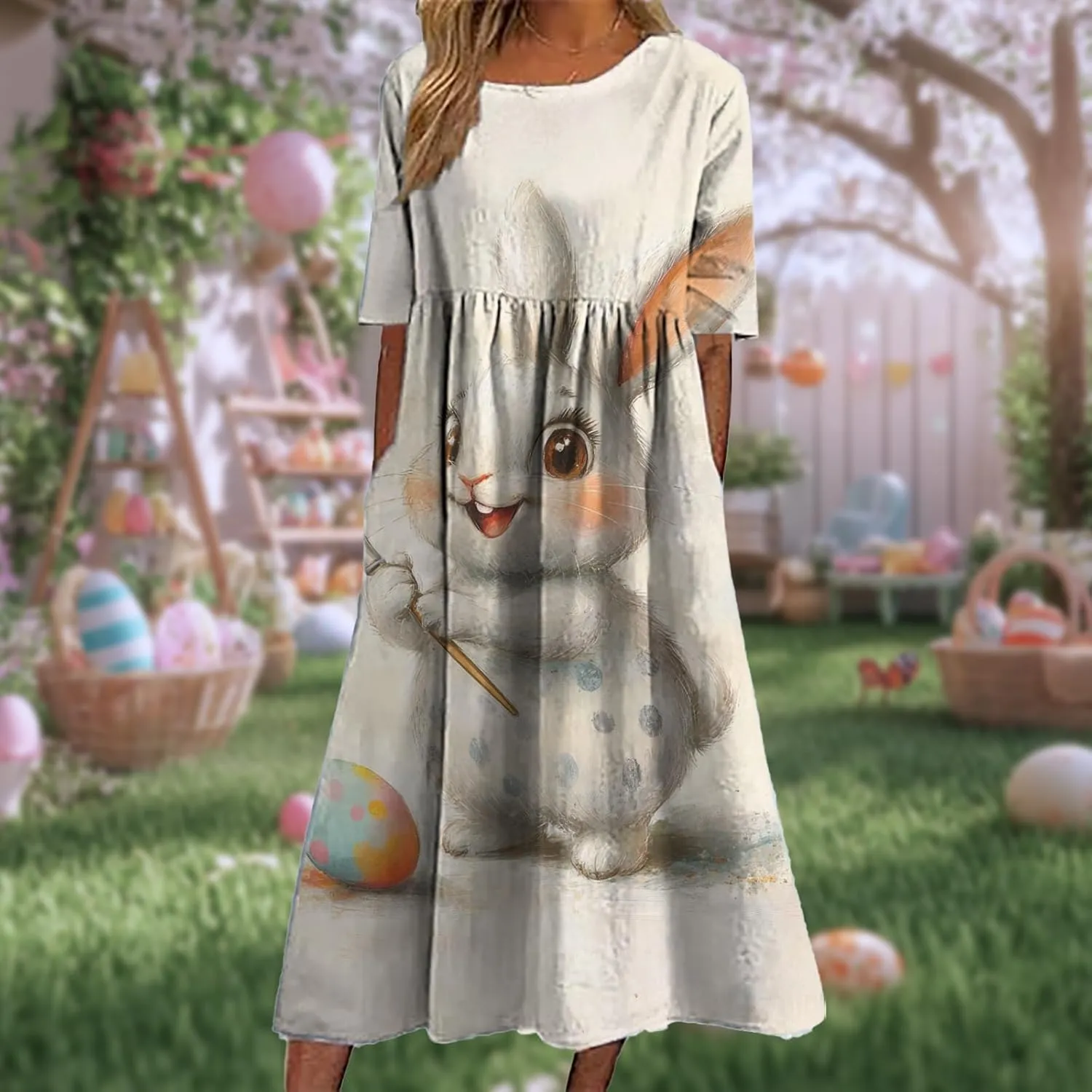 Short Sleeve Easter Dress for Women 2025 Spring Trendy Bunny Egg Print Crew Neck Midi Dress Sundress with Pockets