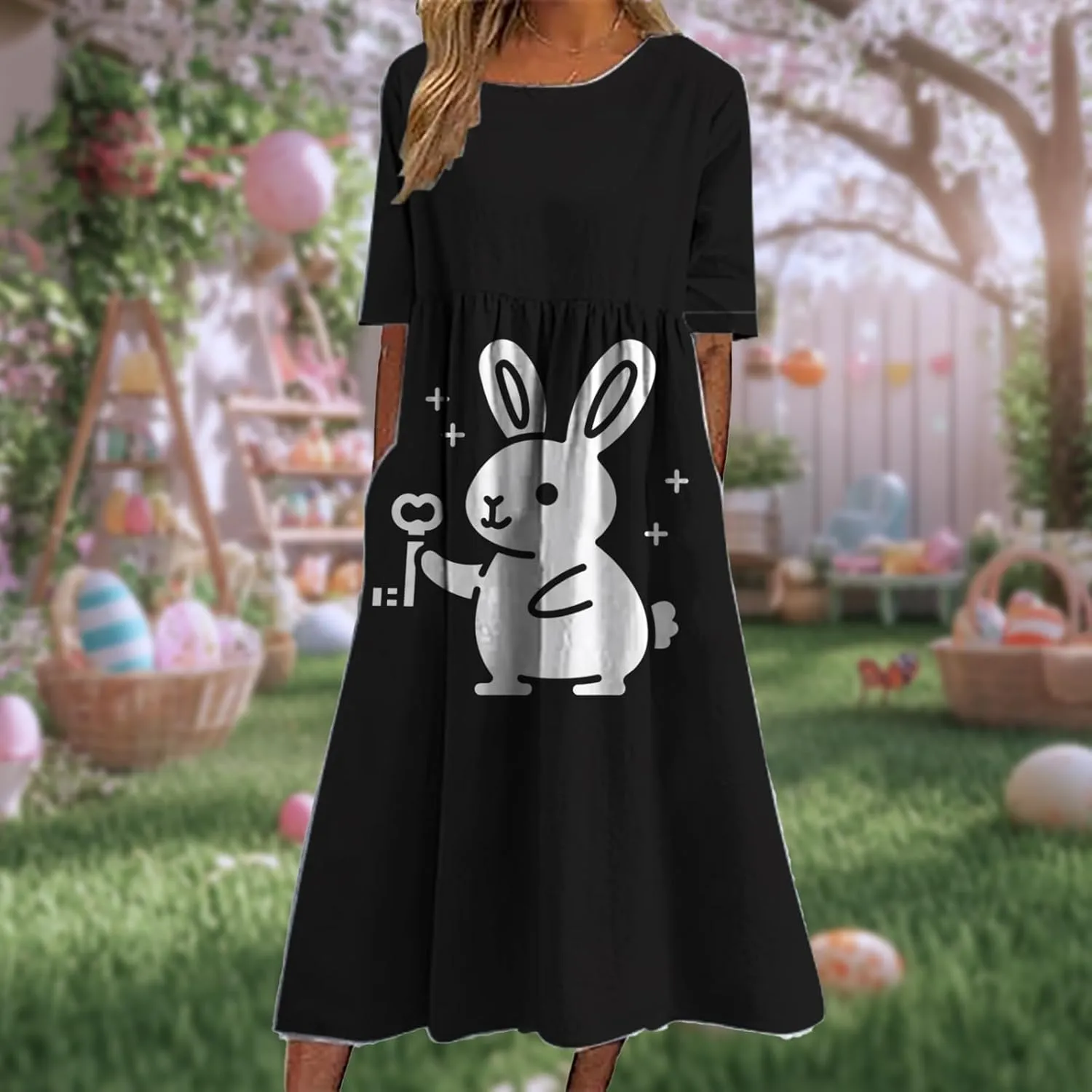 Short Sleeve Easter Dress for Women 2025 Spring Trendy Bunny Egg Print Crew Neck Midi Dress Sundress with Pockets