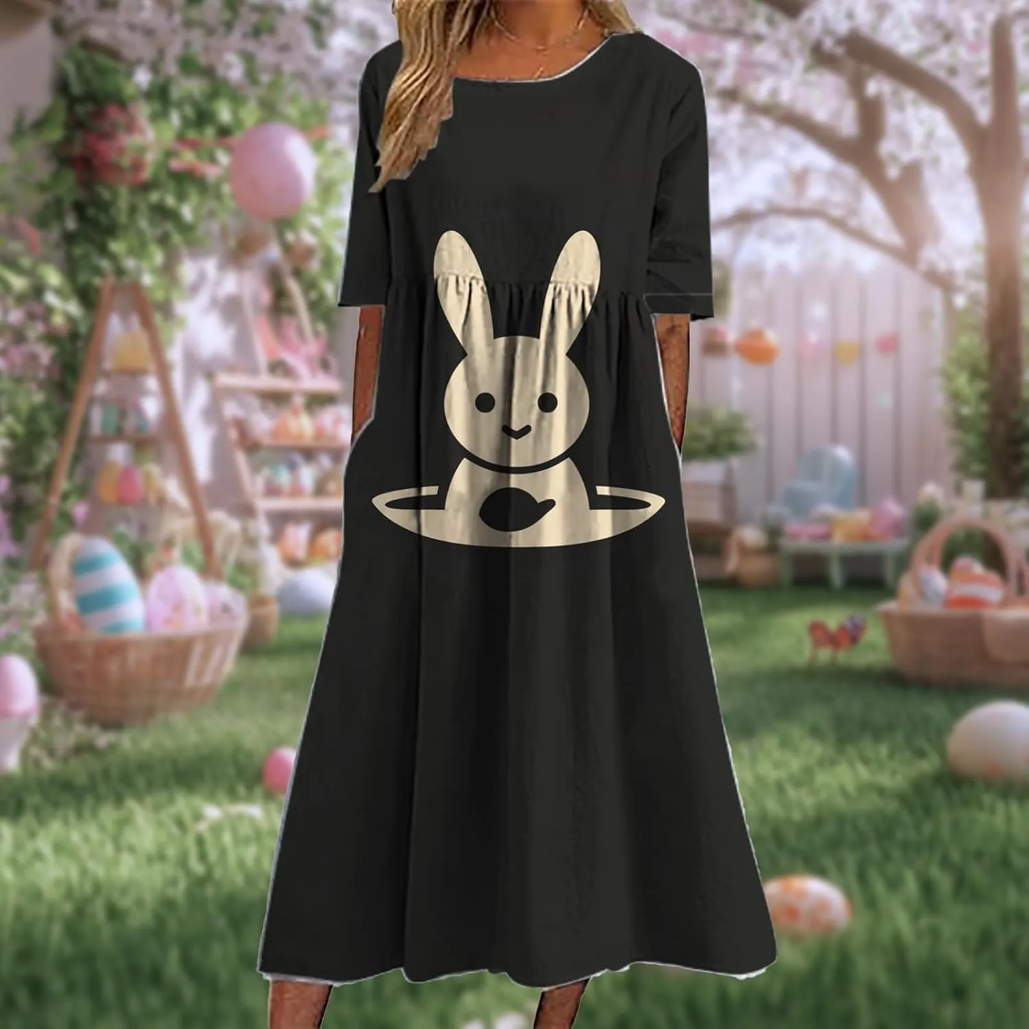 Short Sleeve Easter Dress for Women 2025 Spring Trendy Bunny Egg Print Crew Neck Midi Dress Sundress with Pockets
