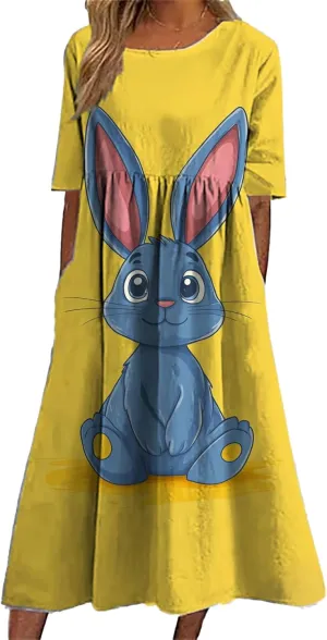Short Sleeve Easter Dress for Women 2025 Spring Trendy Bunny Egg Print Crew Neck Midi Dress Sundress with Pockets