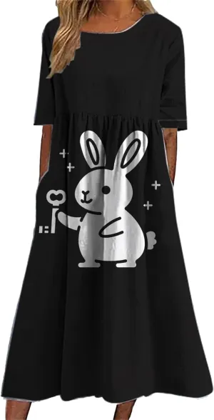 Short Sleeve Easter Dress for Women 2025 Spring Trendy Bunny Egg Print Crew Neck Midi Dress Sundress with Pockets