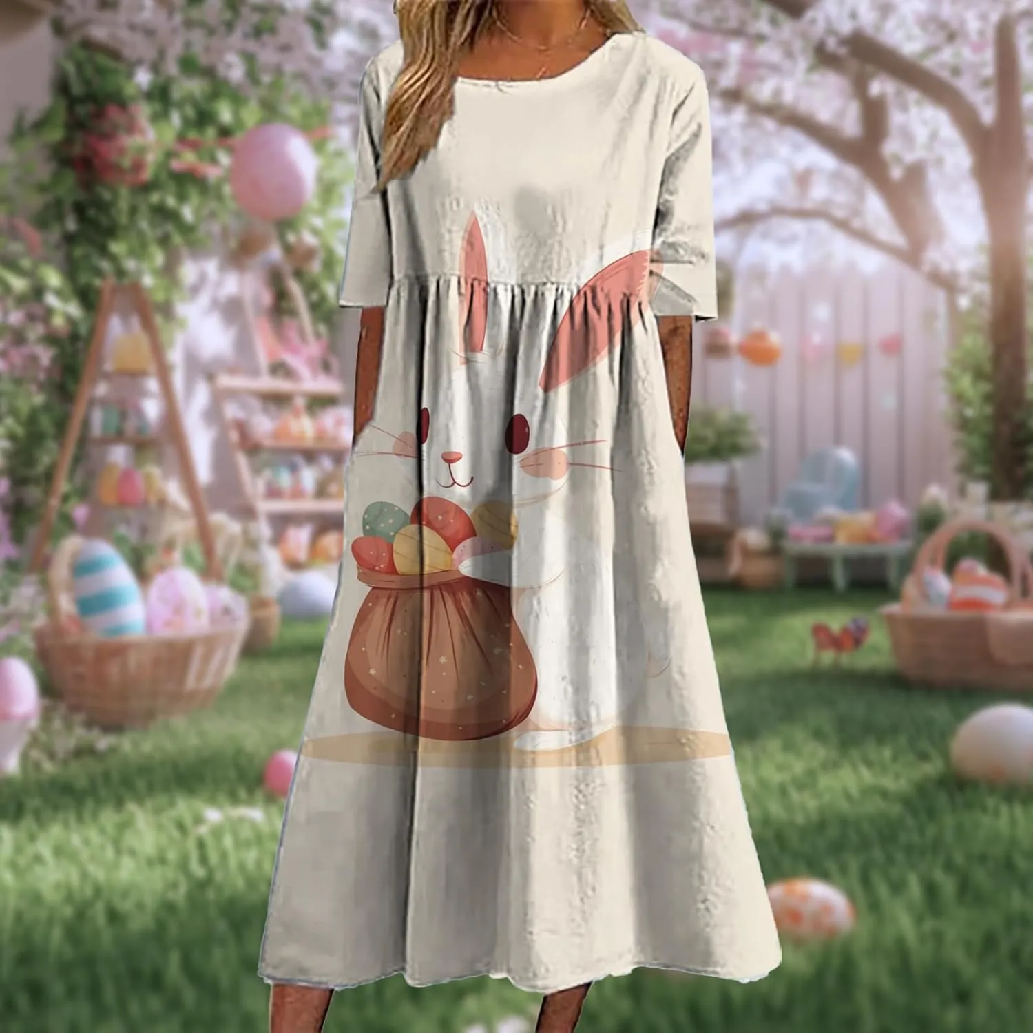 Short Sleeve Easter Dress for Women 2025 Spring Trendy Bunny Egg Print Crew Neck Midi Dress Sundress with Pockets