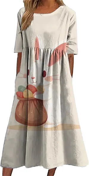 Short Sleeve Easter Dress for Women 2025 Spring Trendy Bunny Egg Print Crew Neck Midi Dress Sundress with Pockets