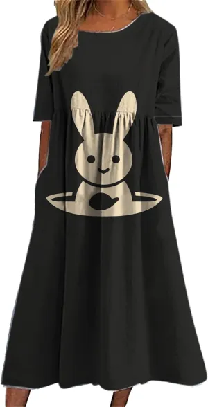 Short Sleeve Easter Dress for Women 2025 Spring Trendy Bunny Egg Print Crew Neck Midi Dress Sundress with Pockets