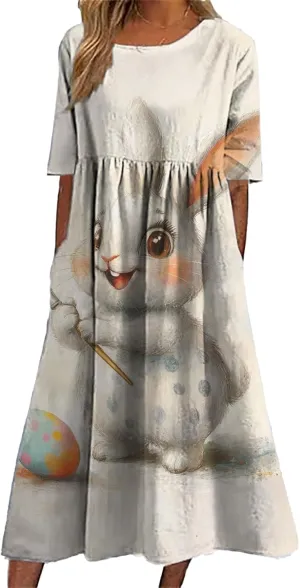 Short Sleeve Easter Dress for Women 2025 Spring Trendy Bunny Egg Print Crew Neck Midi Dress Sundress with Pockets