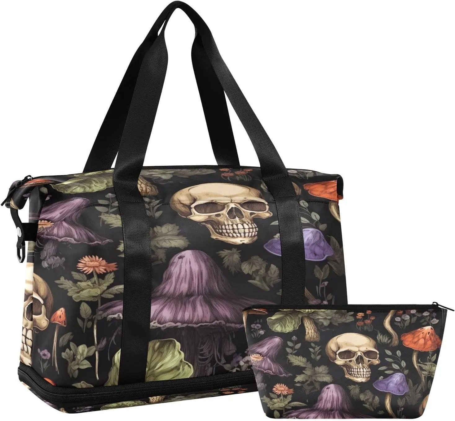 Skeleton Mushrooms Sports Gym Bag with Waterproof Dry Wet Pocket, Travel Duffel Bag for Women MenWorkout Bag Fits Yoga, Swimming