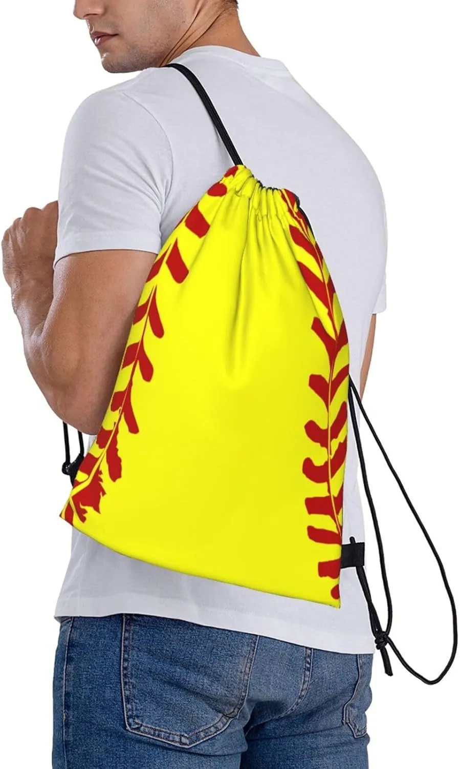 Softball Print Drawstring Bags Yellow Softball with Red Stitches Cute Sports Ball Pattern String Bags for Women Men Ball Team Activity Sport Gym Sack Casual Backpack for Yoga Travel