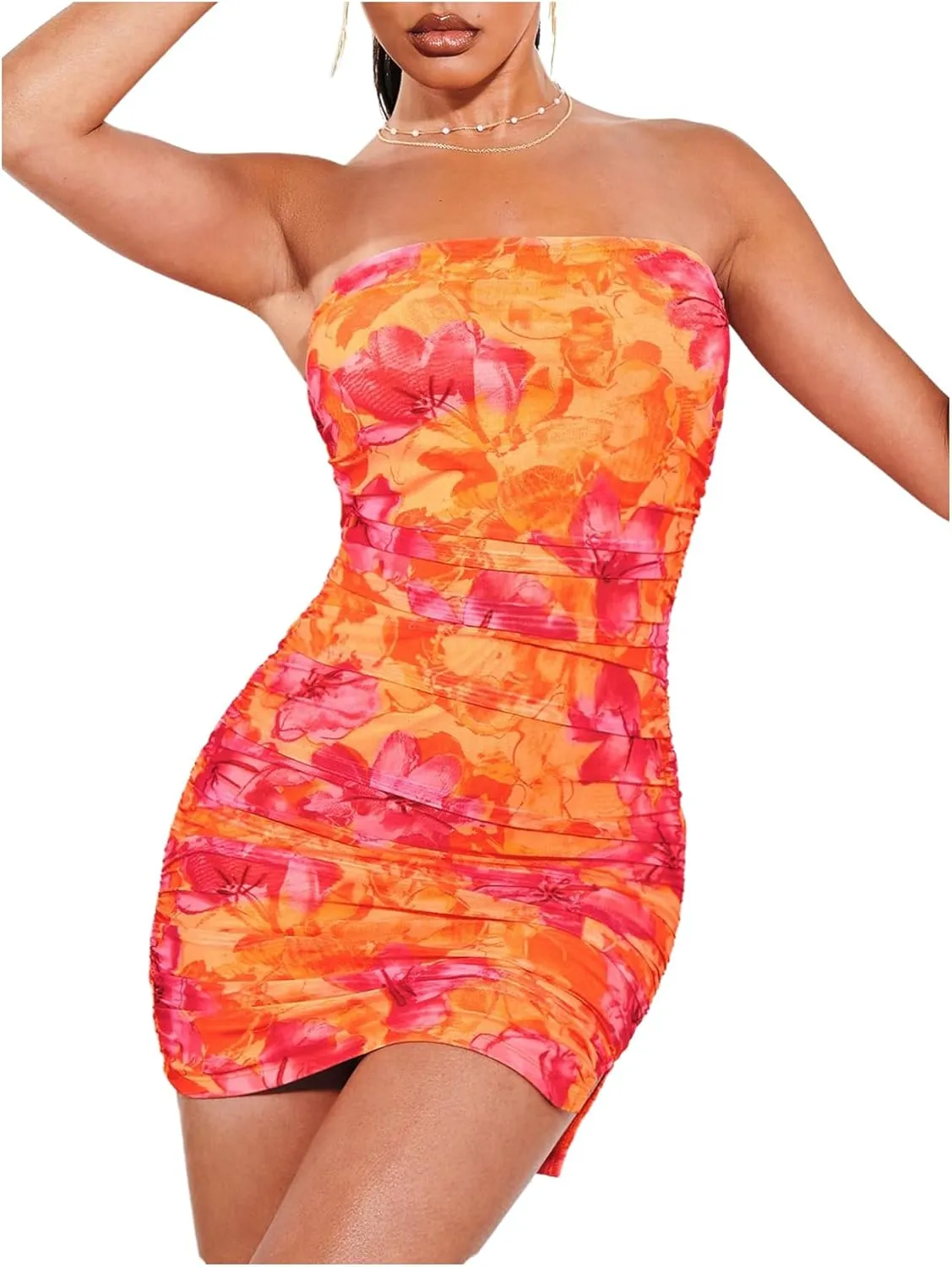 SOLY HUX Women's Floral Tube Dress Summer Strapless Bodycon Mini Dress Party Clubwear