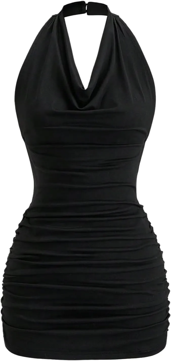 SOLY HUX Women's Halter Mini Dress Ruched Draped Cowl Neck Sleeveless Backless Bodycon Party Dresses