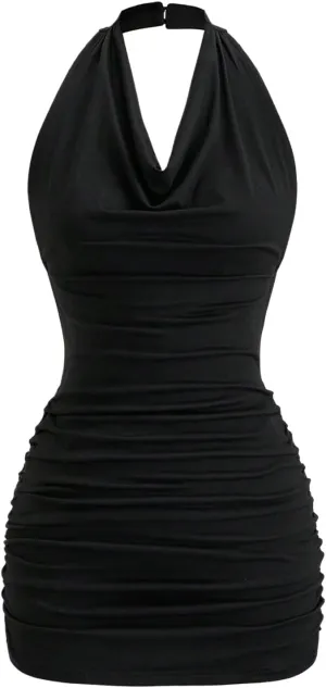 SOLY HUX Women's Halter Mini Dress Ruched Draped Cowl Neck Sleeveless Backless Bodycon Party Dresses