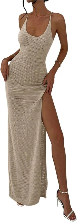SOLY HUX Women's Tie Backless High Split Maxi Dress Scoop Neck Sleeveless Criss Cross Going Out Dresses