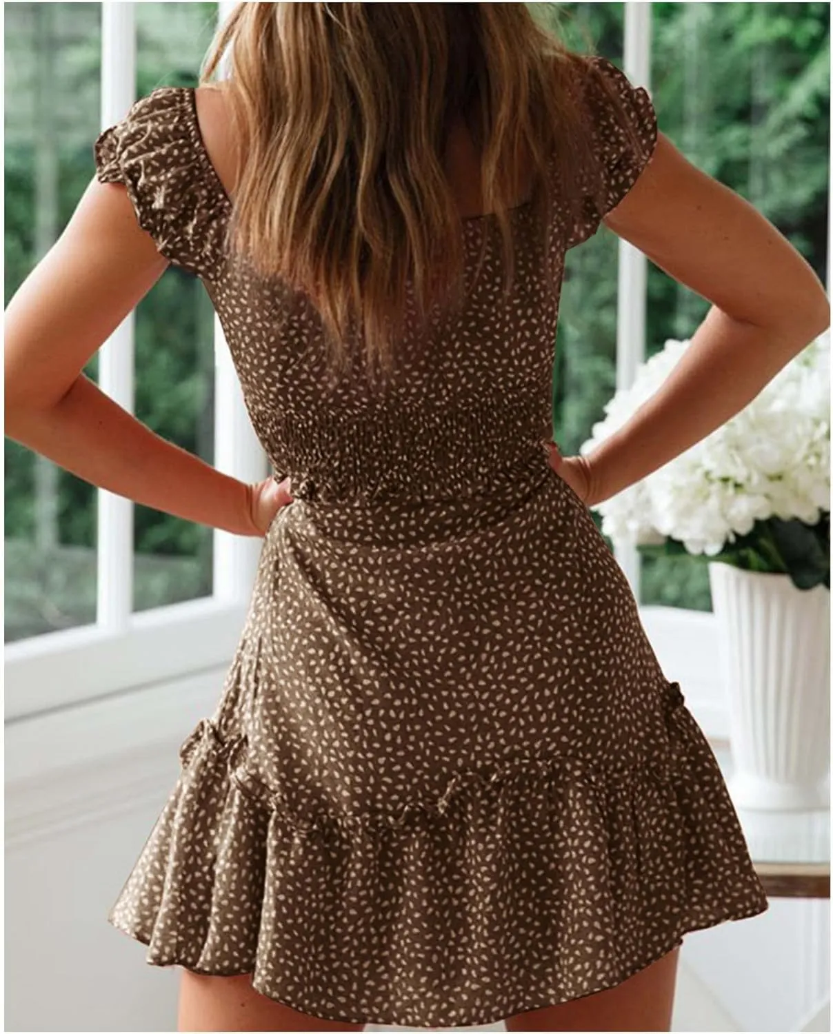 SOMTHRON Women's Summer Sweetheart Neckline Mini Dress Ruffle Short Sleeve Smocked Floral Printing A-Line Dresses