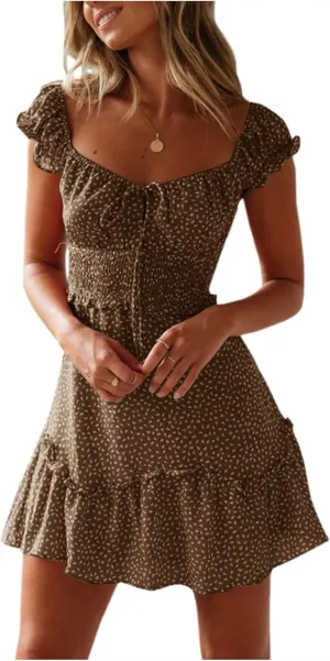 SOMTHRON Women's Summer Sweetheart Neckline Mini Dress Ruffle Short Sleeve Smocked Floral Printing A-Line Dresses