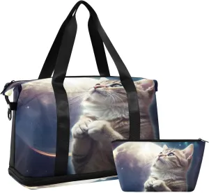 Space Cat Pray Sports Gym Bag with Waterproof Dry Wet Pocket, Travel Duffel Bag for Women MenWorkout Bag Fits Yoga, Swimming