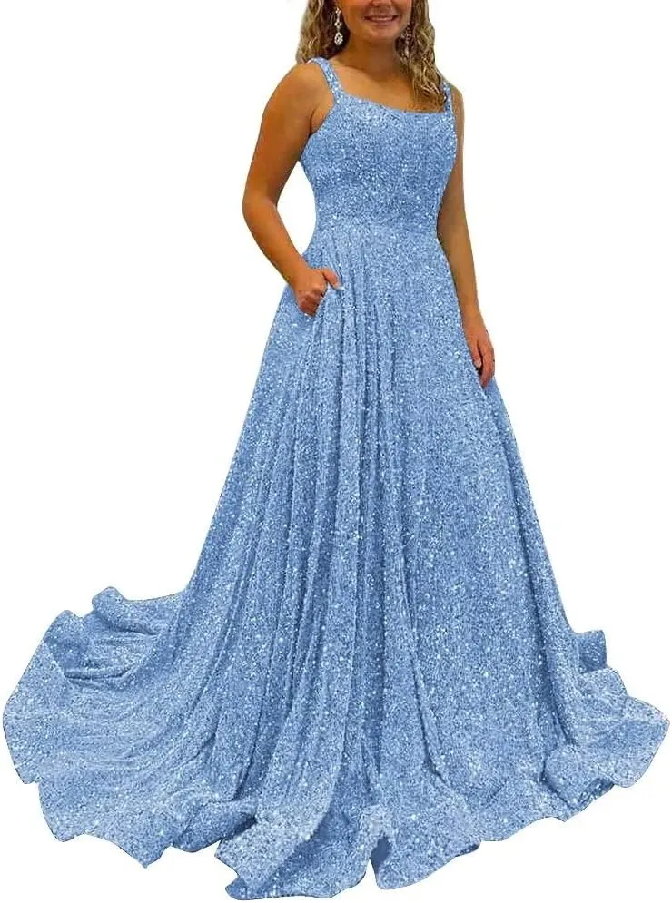 Sparkly Sequins A Line Prom Dresses Long Spaghetti Straps Party Dresses Backless Wide Hem Ball Gowns for Women