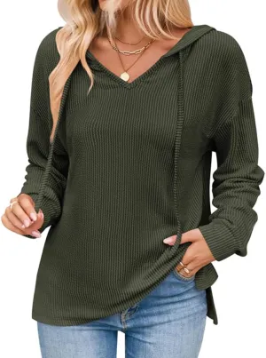 Sumleno 2025 Oversized Hoodies for Women Casual V-Neck Solid Color Long Sleeve Drawstring Sweatshirts Knitted Pullover Tops