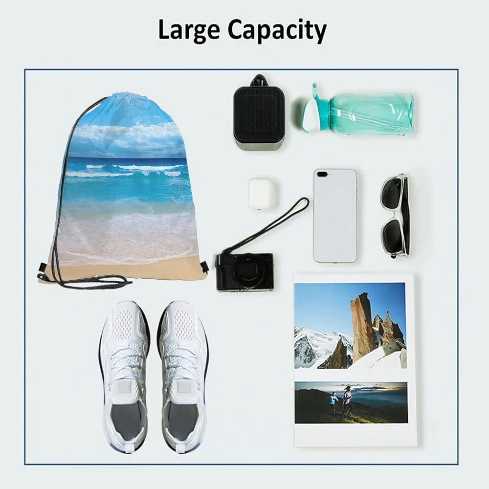 Summer Beach Drawstring Bags Backpack Bag Blue Ocean Coastal Nautical Theme Seascape Holiday Sea Water Time Sport Gym Sack Drawstring Bag String Bag Yoga Bag for Men Women
