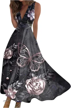 Summer Dresses for Women 2024 Floral Cold Shoulder Sleeve V Neck Holiday Dress Waist Retraction Ruffle Hem Gown Dresses