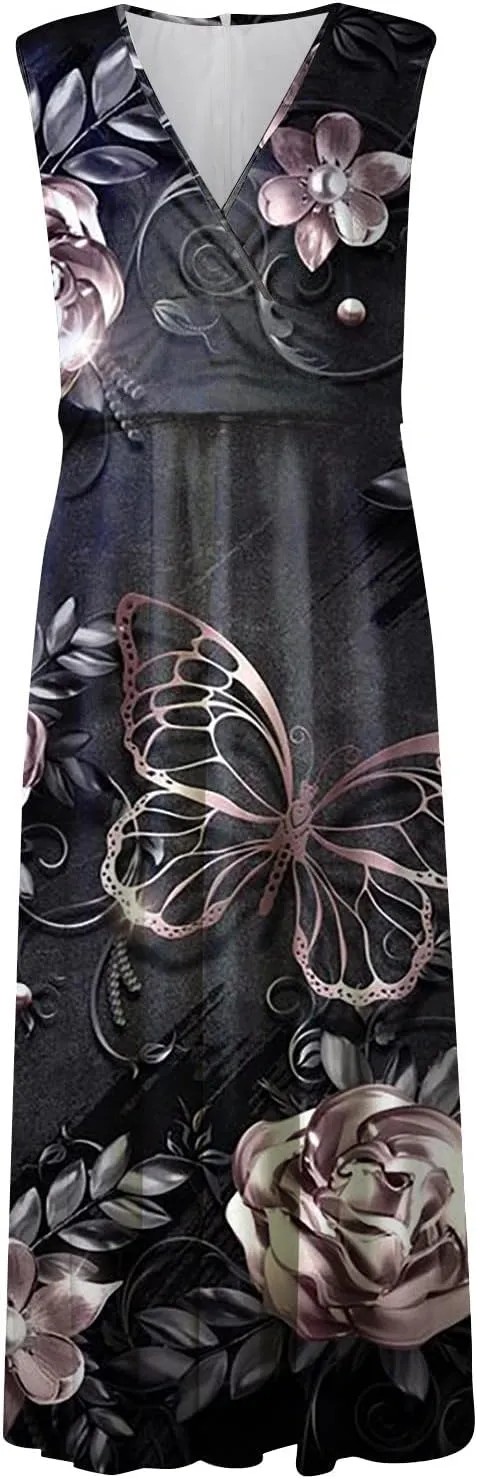 Summer Dresses for Women 2024 Floral Cold Shoulder Sleeve V Neck Holiday Dress Waist Retraction Ruffle Hem Gown Dresses
